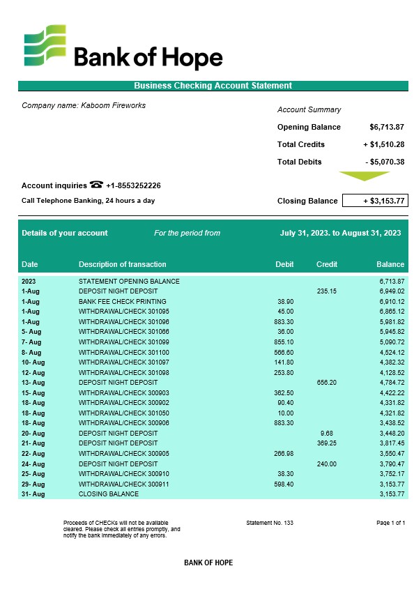  East West Bank firm account statement 